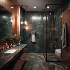 details of industrial loft design style bathroom, designer bathroom with green tiles and orange mosaic tiles