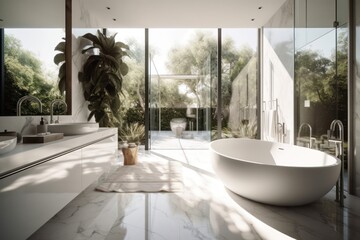 Modern Luxury Bathroom with natural Lighting and Natural Marble Details.