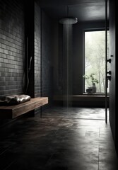 black Marble Bathroom Haven with Designer LED Lighting and Modern Elegance, walk-in shower..
