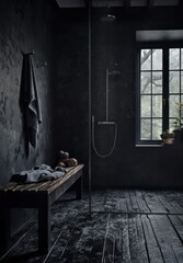 black Marble Bathroom Haven with Designer LED Lighting and Modern Elegance, walk-in shower..
