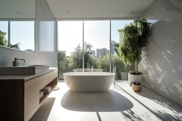 Fototapeta na wymiar Modern Luxury Bathroom with natural Lighting and Natural Marble Details.