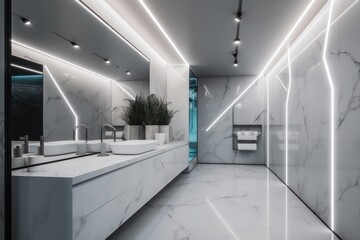 Stunning Luxurious Bathroom with Freestanding Tub, Designer Elements, and Chic LED Lighting..