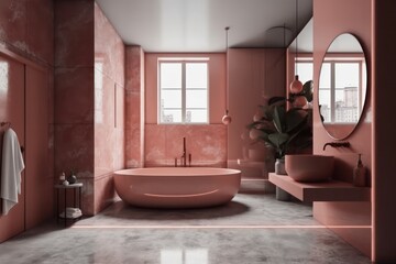 Fototapeta na wymiar A Glamorous Designer Bathroom with Luxurious Freestanding Bathtub and LED Lighting..