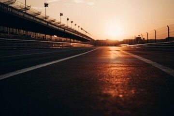 Fototapeta na wymiar Low angle view chicane on race track track at sunset. Generative AI.