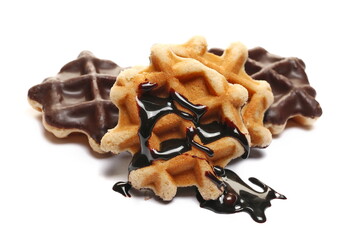 Mini waffle with chocolate flavour glaze isolated on white