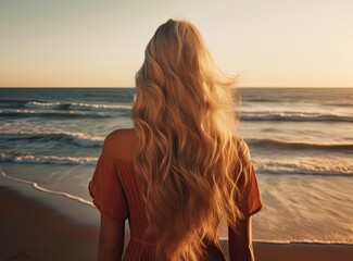 Beautiful blonde girl with long hair in short white dress walking at sunset on the beach in Bali, Indonesia - obrazy, fototapety, plakaty