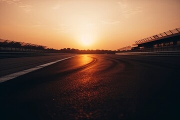 Low angle view chicane on race track track at sunset. Generative AI.