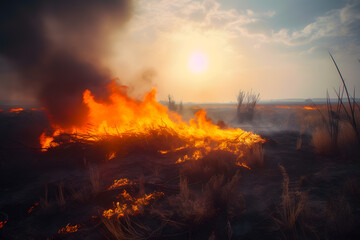 Fire in nature burns grass bushes, drought. Generative AI.