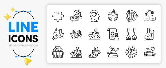 Honeymoon travel, Mental health and Croissant line icons set for app include Divider document, Employees group, Pyramid chart outline thin icon. Fake news, Travel delay. Vector