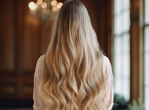 Portrait of a beautiful young blonde woman with long wavy hair. back view.