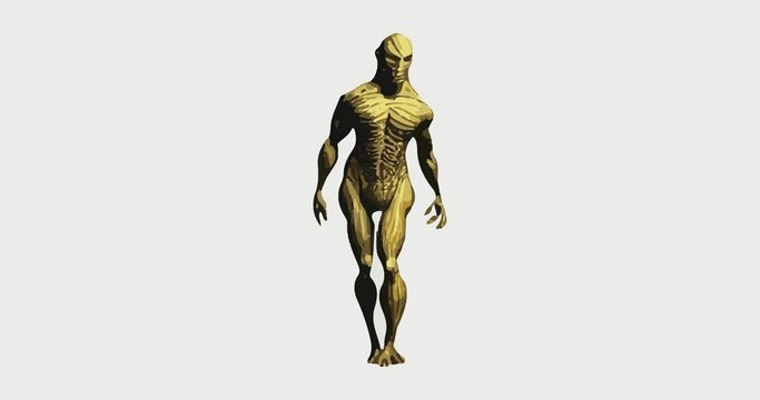 A humanoid, scary amphibian monster walks like a wounded beast. Drawn on a white background.