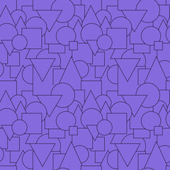 Seamless pattern of geometric shapes in monocolor. Pattern of squares, triangles and circles contoured.