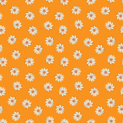 Vector seamless summer pattern of daisies in retro style in orange colors with offset outline. Can be used for printing, textile and packaging.