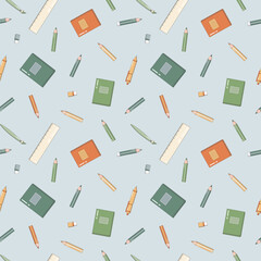 Seamless pattern of school accessories with linear icons. Study tools background - pencil, pen, ruler, colored pencils, notepad, vector illustration. Color wallpaper for stationery sale brochure.