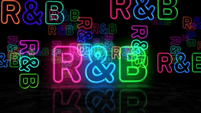 R&B Rhythm and blues neon glowing symbol. Light color bulbs. Entertainment Rhythm and blues music event  abstract concept 3d animation.