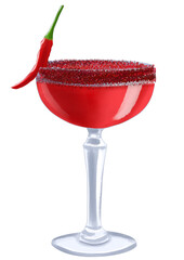 Red cocktail with chili pepper watercolor illustration isolated