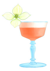 fancy cocktail with flower watercolor illustration. Isolated