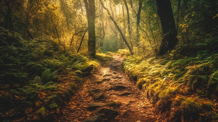 Obraz premium Forest road in a green misty forest, generative AI.
