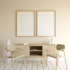 set of 2 Mock up frame in home interior background, white room with natural wooden furniture,Boho style, 3d render