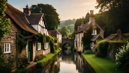 Village with river and bridge on top with cute houses around. Created with generative AI 
