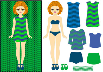 Fashionable collection of clothes for paper dolls. Knitted background in shades of Classi green. Fashion show. Advertising. Cut out of paper. Creativity for children. Flat digital illustration 
