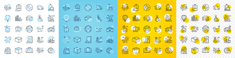Vector icons set of Place, Passenger and Office box line icons pack for web with Pin, Parcel, Parking time outline icon. Buy car, Search flight, Truck delivery pictogram. Disability. Vector