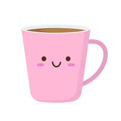Happy cute smiling funny kawaii cup of coffee. Pink kawaii cup emoji. Isolated on a light background. Vector illustration in flat cartoon style.