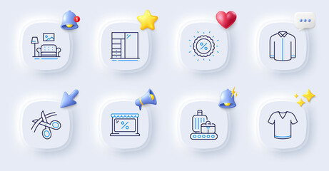 Market, Furniture and Shirt line icons. Buttons with 3d bell, chat speech, cursor. Pack of Discount, T-shirt, Baggage belt icon. Scissors, Cupboard pictogram. For web app, printing. Vector
