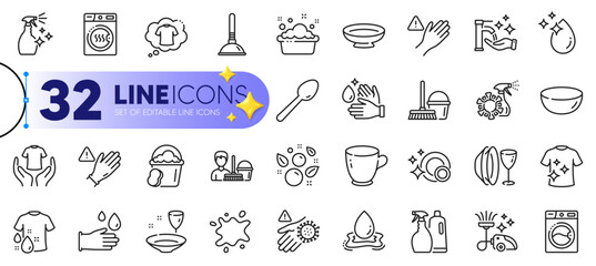Outline set of Cleaning service, Dish plate and Wash hands line icons for web with Washing hands, Dryer machine, Dish thin icon. Rubber gloves, Wash t-shirt, Washing machine pictogram icon. Vector