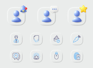 Clock, Sun cream and Recovery file line icons. Placeholder with 3d star, reminder bell, chat. Pack of Businessman, Lock, Swipe up icon. Carrot, Lotus pictogram. For web app, printing. Vector