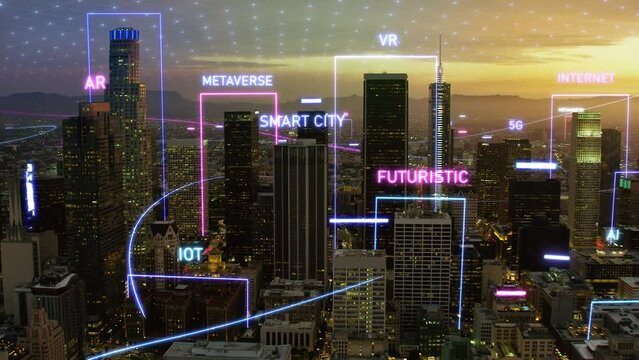 Artificial Intelligence Technology in Smart City. Aerial Los Angeles Skyline with Futuristic Interface. Metaverse, 5G, AI, AR, NFT, IOT.
