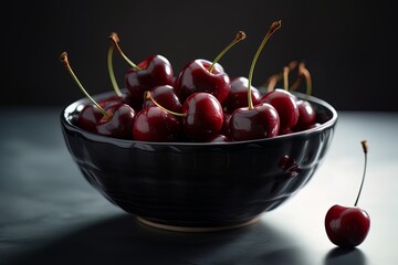 Large ripe juicy tasty cherries in a ceramic bowl on a dark background made with generative AI