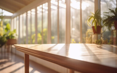 Interior of greenhouse sunroom, blurry bokeh background for composite product display, Generative AI