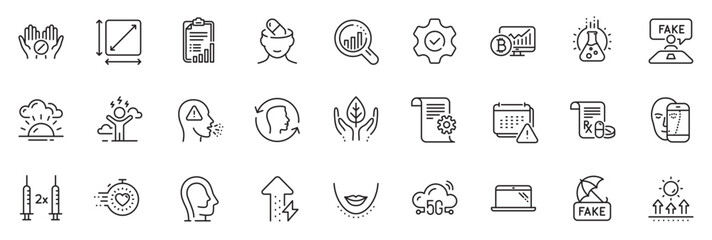 Icons pack as Execute, Fair trade and Sunset line icons for app include Cough, Coronavirus vaccine, Checklist outline thin icon web set. Notification, Chemistry lab, Face id pictogram. Vector