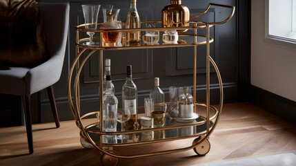 Fototapeta na wymiar Chic and contemporary bar cart with glassware. AI generated