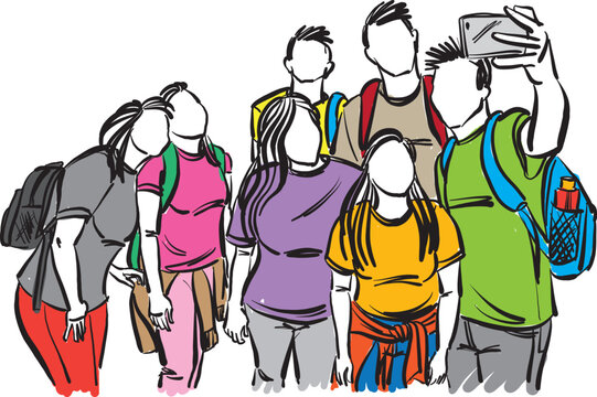 young teengers students with cellphone taking a picture photo vector illustration