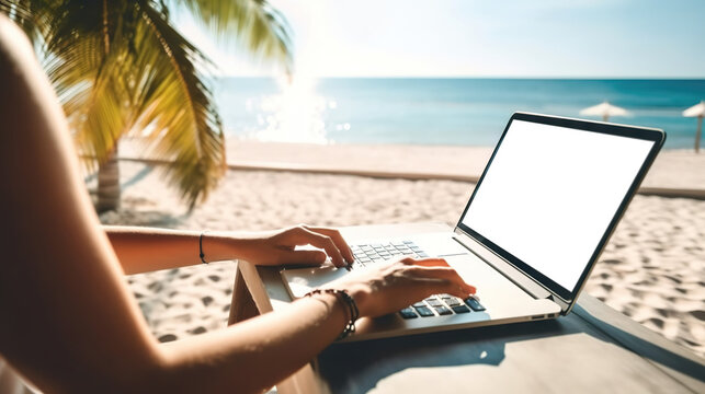 Young woman using laptop with a cut out screen at sea resort. Remote work and business in palm paradise. Online purchase of air tickets and hotels. Copy space. Based on Generative AI