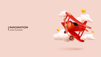 3d Imagination concept - dreams of flight. Realistic 3d design of toy airplane against summer sky background. Freedom and Motivation concept in cartoon minimal style. Vector illustration