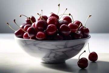 Large ripe juicy tasty cherries in a ceramic bowl on a light background made with generative AI
