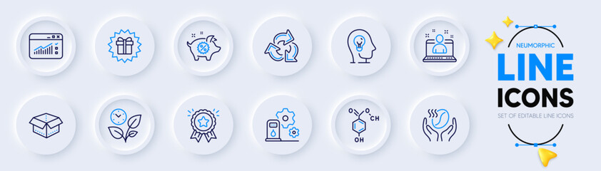 Piggy sale, Best manager and Open box line icons for web app. Pack of Loyalty award, Recycle, Chemical formula pictogram icons. Leaves, Surprise gift, Mental health signs. Neumorphic buttons. Vector