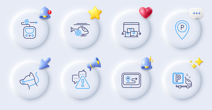 Parking, Gps and Metro line icons. Buttons with 3d bell, chat speech, cursor. Pack of Dog leash, Online storage, Truck parking icon. Warning, Medical helicopter pictogram. Vector