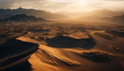 Fototapeta na wymiar Rippled sand dunes shadow majestic mountain range generated by AI