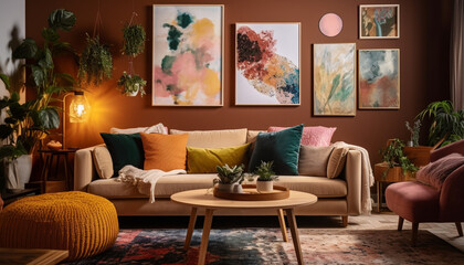 Comfortable modern living room with vibrant nature decor generated by AI