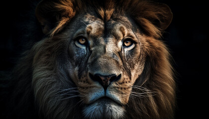 Fototapeta premium Majestic lion staring, fur and mane fierce generated by AI