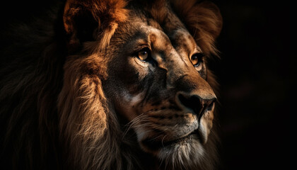 Fototapeta premium Majestic lion staring, strength in wilderness area generated by AI