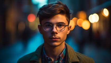 Obraz premium Confident young man in city at dusk generated by AI
