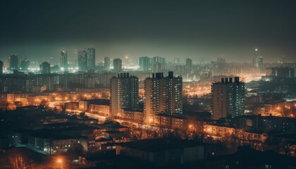 Obraz premium Glowing city skyline at dusk, bustling nightlife generated by AI