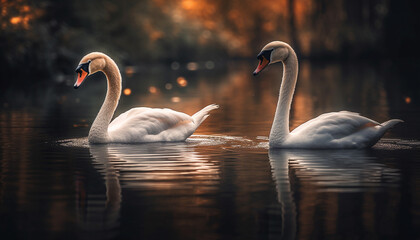 Fototapeta premium Majestic swans grace tranquil pond in nature generated by AI