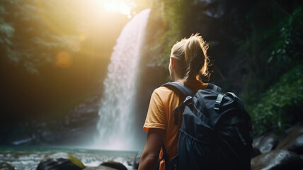 Fototapeta premium Beautiful nature scene, a mountaineer woman with her back turned in front of a waterfall. Created with Generative AI technology. 