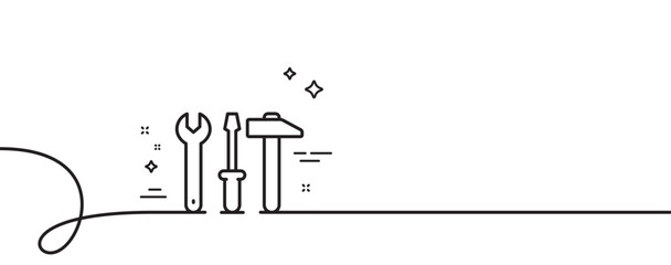 Spanner, hammer and screwdriver line icon. Continuous one line with curl. Repair service sign. Fix instruments symbol. Spanner tool single outline ribbon. Loop curve pattern. Vector